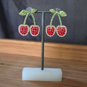 Rhinestone cherry earrings gold red green